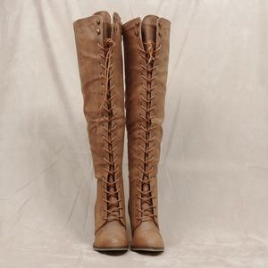 Tan Western Lace up Thigh High Heel Boot Camla48